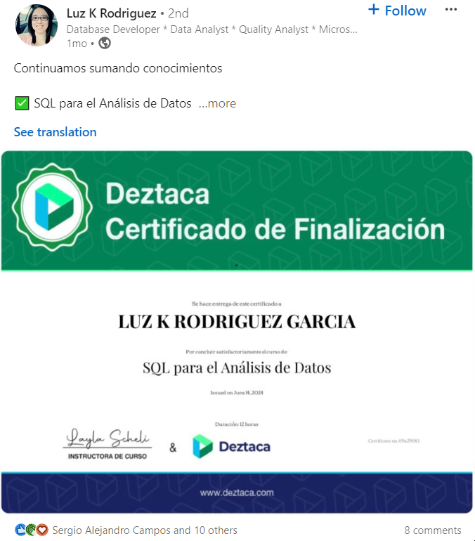 Ejemplo de los certificados de finalización que recibirás al terminar cada uno de los cursos